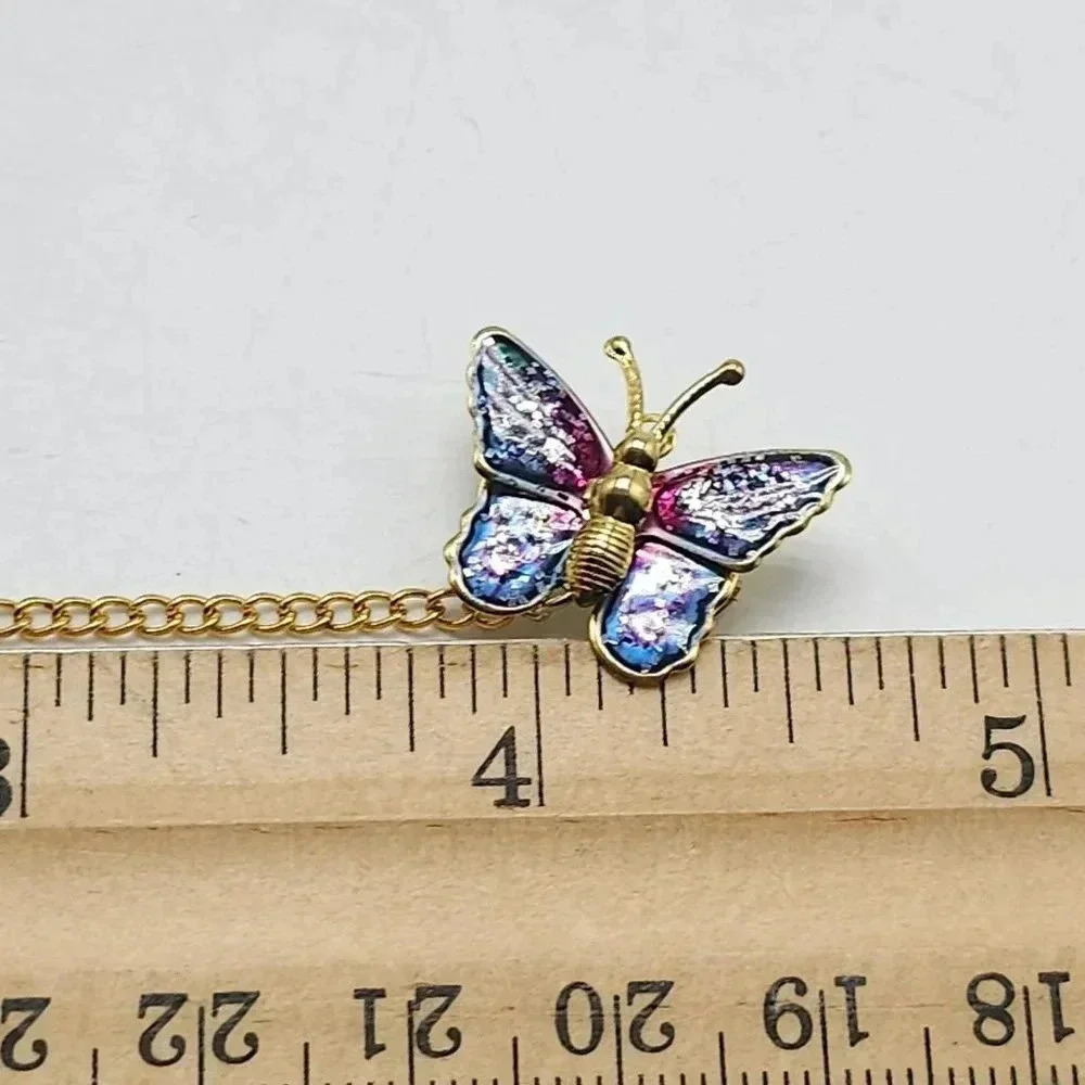 Glitter Enamel Sparkle Butterfly Pair Chain Brooch Pin Gold Tone Vintage - Picture 5 of 5